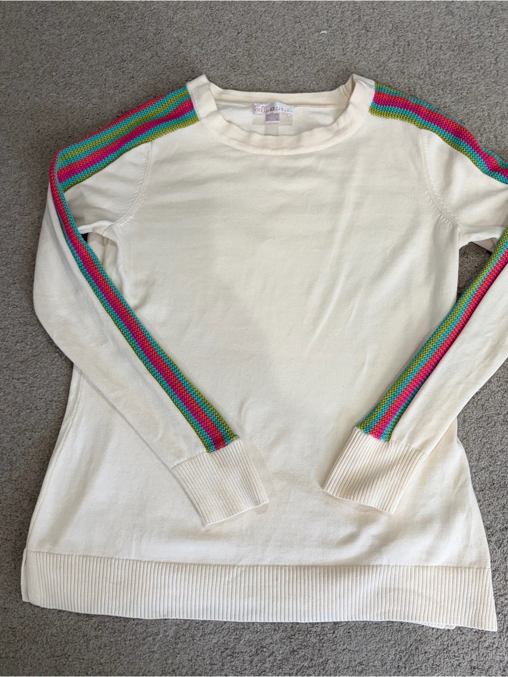 Belle by Kim Gravel Knit Crewneck Top, Women’s XS Ivory w/Striped Sleeve Top